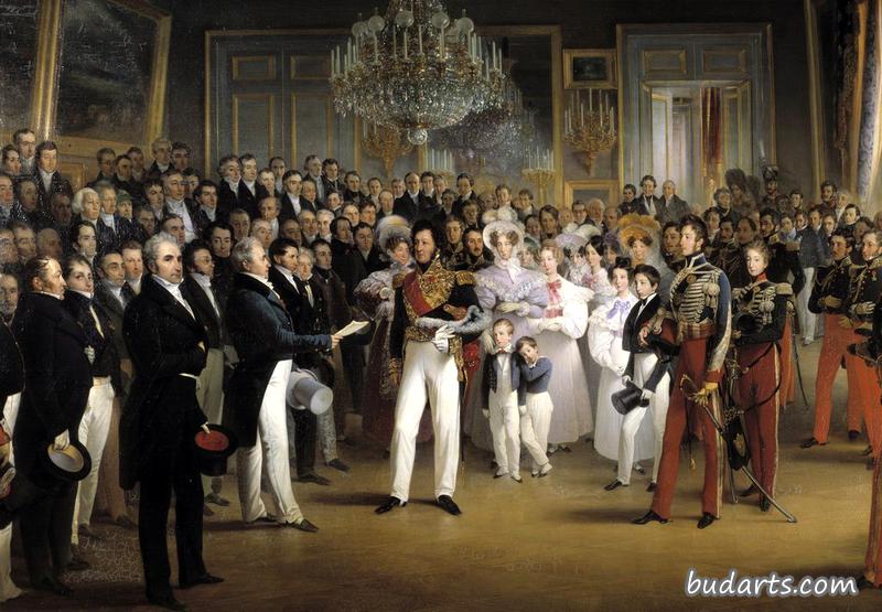 奥尔良公爵及其家人在巴黎皇家宫接见众议院议员，1830年8月7日