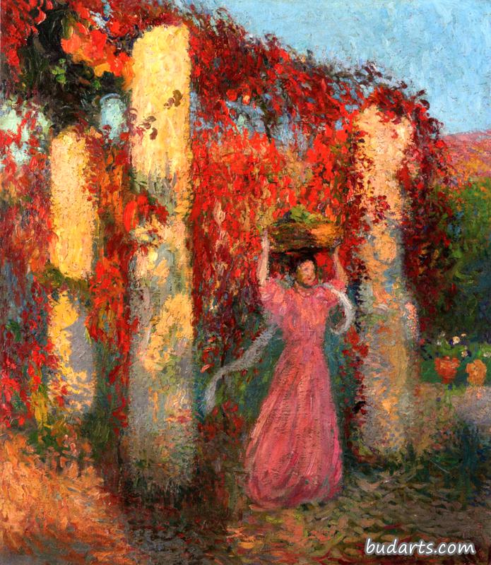 一个年轻的女人，头上戴着一个篮子，在一个红色的葡萄园里