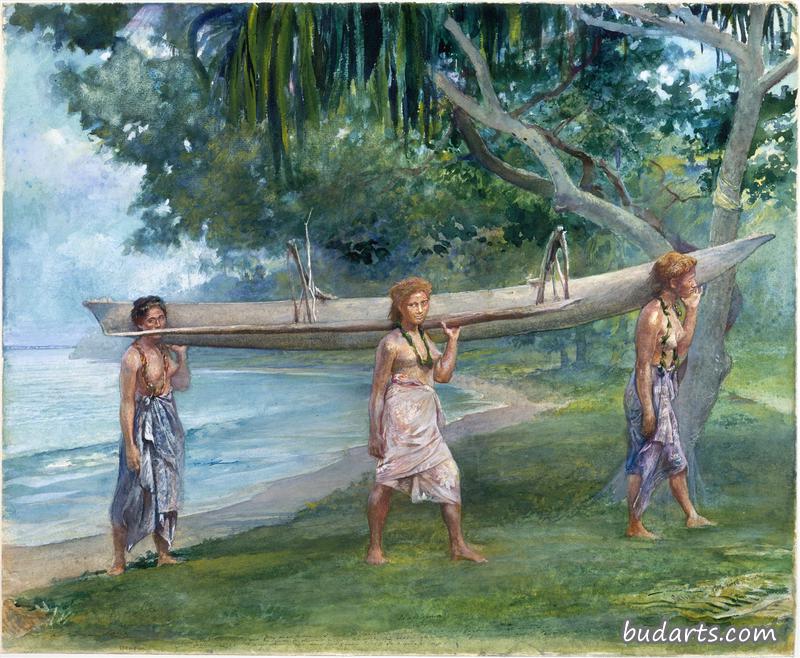Girls Carrying a Canoe, Vaiala in Samoa. 1891. Portraits of Otaota, Daughter of the Preacher and Our Next Neighbor Saikumu. The First Girl is Faaifi
