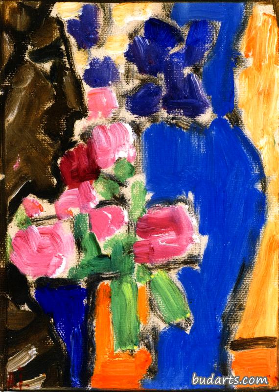 静物画：花卉静物画，花瓶和人物，半侧面