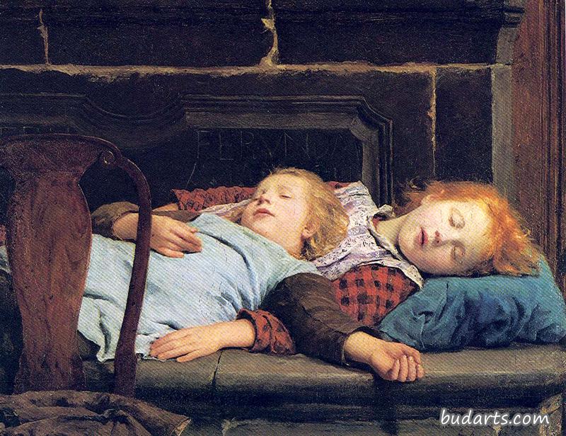 两个女孩睡在炉子上