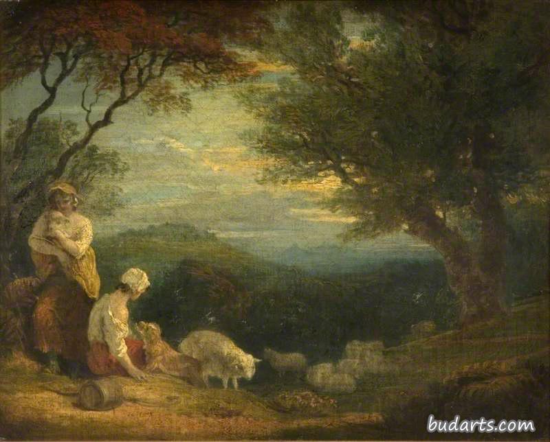 妇女、绵羊和狗的景观