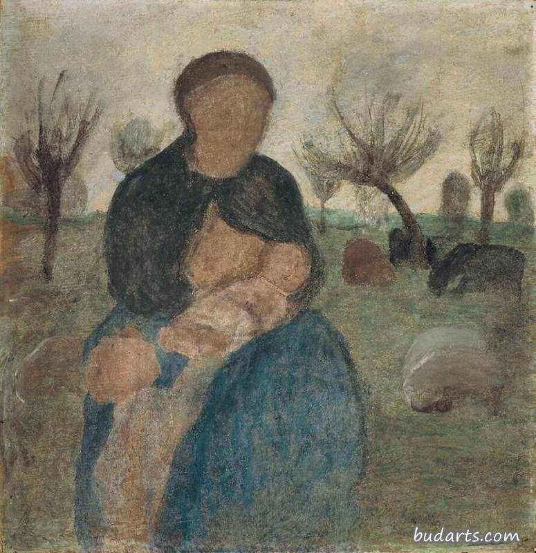 母亲抱着孩子在风景里