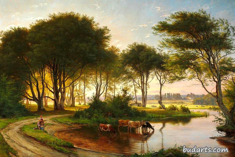 丹麦的夏日风景，两个女孩在小溪里给奶牛饮水