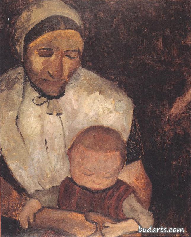 坐着的农妇，膝上抱着孩子