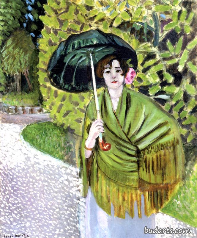 带绿伞的女人
