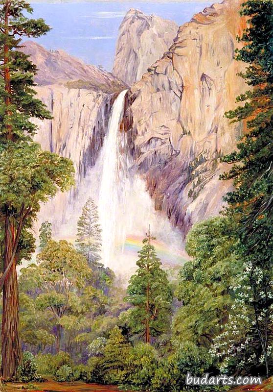 彩虹覆盖新娘面纱瀑布，约塞米蒂，加利福尼亚