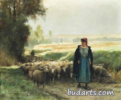 牧羊女引导羊群