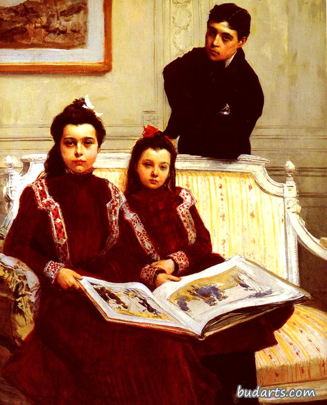 一个男孩和他的两个妹妹欣赏一本素描本的家庭肖像