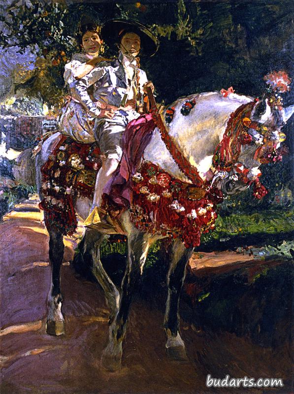 埃琳娜和玛丽亚，画家的女儿，穿着瓦伦西亚时期的服装骑马