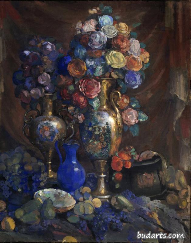 花瓶、鲜花和水果