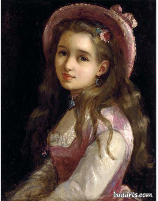 一个穿粉红色衣服戴帽子的年轻女孩的画像