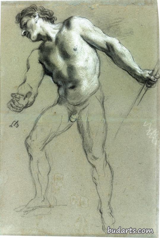 站着的男性裸体面朝左，手持一根棍子