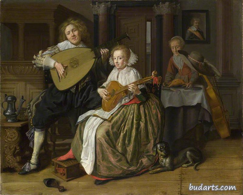 一个年轻人在演奏Theorbo，一个年轻女子在演奏Cittern