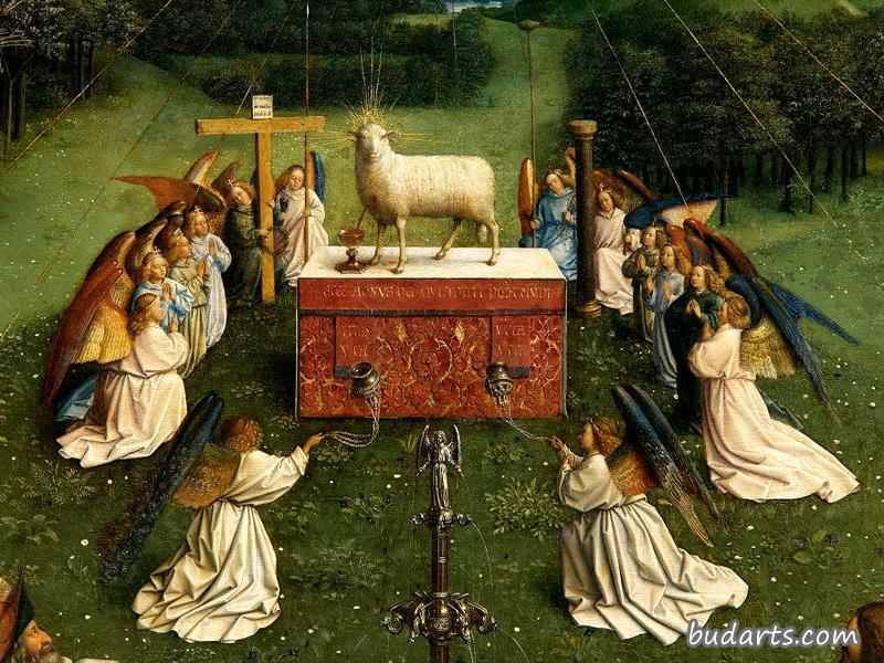 根特祭坛画：崇拜神秘羔羊，羔羊与跪天使的细节