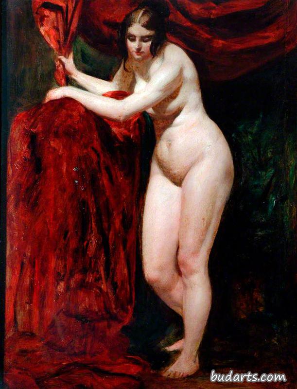 裸体女人，拿着红色的窗帘