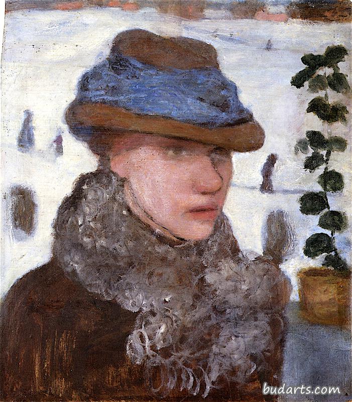 玛莎·沃格勒在冬季风景前的画像