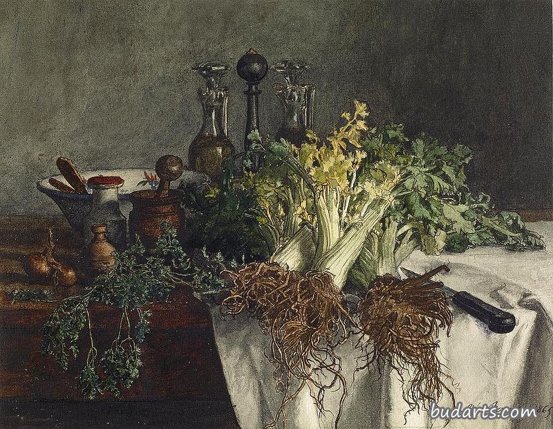 厨房餐桌上的静物画，有芹菜、欧芹、碗和拐杖