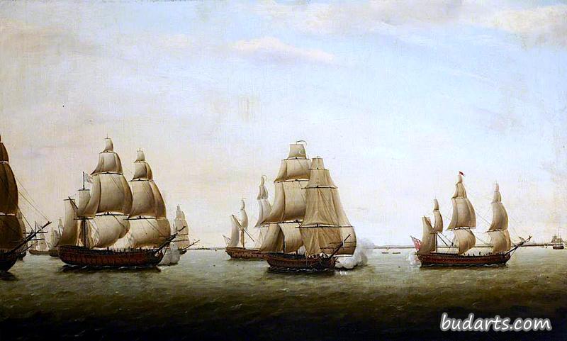 在印度海岸被法国人追赶的英国护卫舰