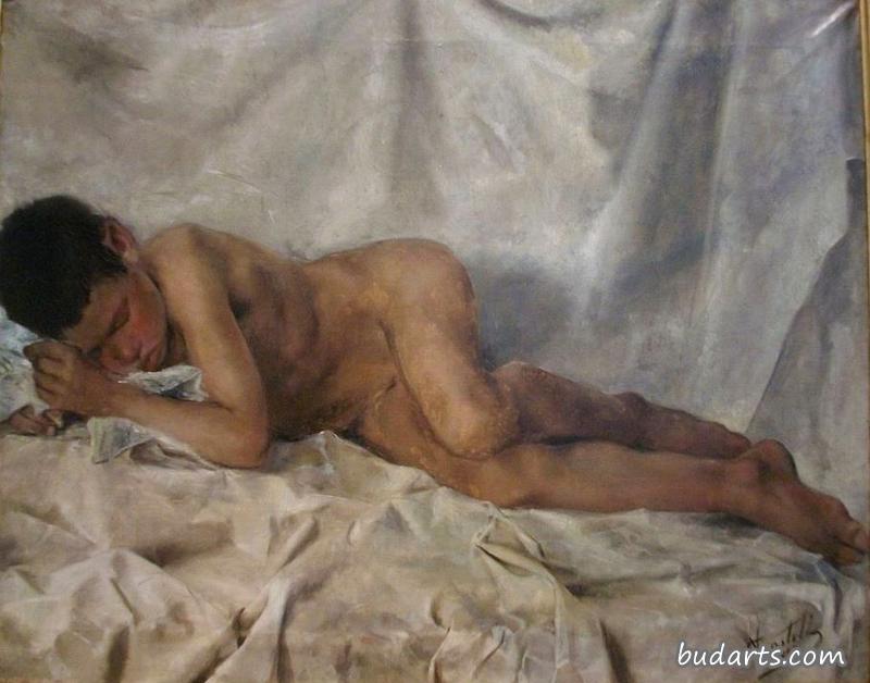 男孩　裸 裸体；坐着的男孩- 克里斯汀·科布克- 画园网