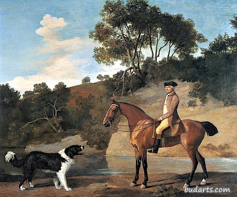 梅纳德子爵骑在一匹赛马上，旁边跟着一只纽芬兰狗