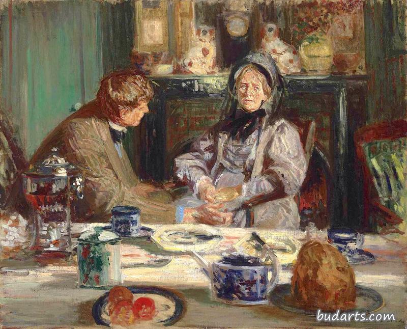 画家希克特和他的母亲，在纽维尔吃早餐
