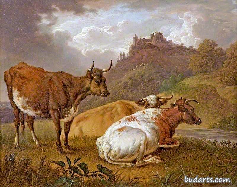 背景是城堡的奶牛
