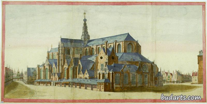 View of the St. Bavochurch from the Lange Veerstraat in Haarlem