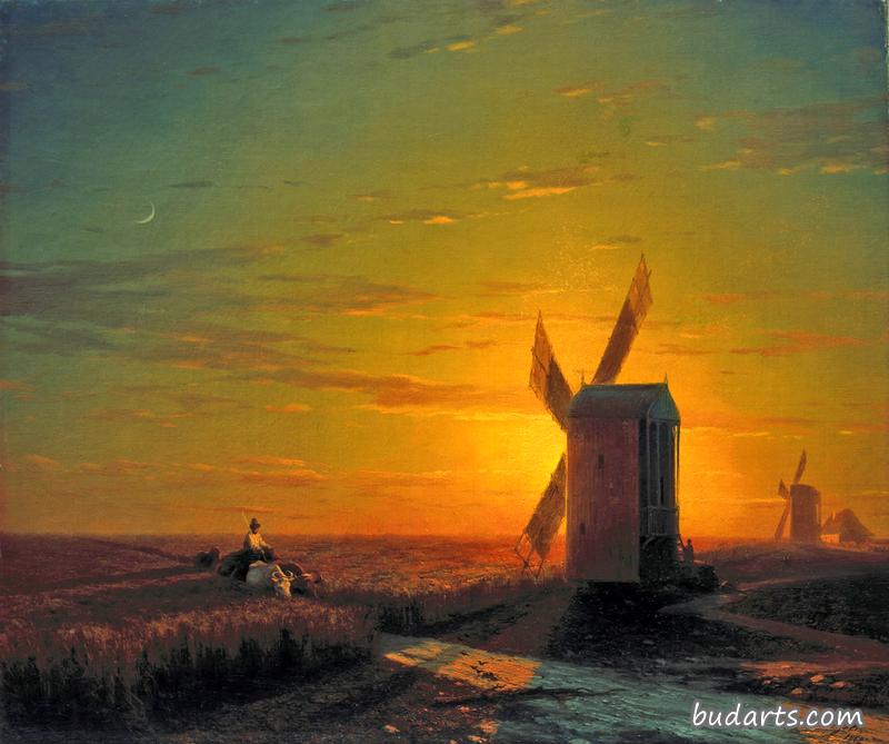 日落时分乌克兰大草原上的风车