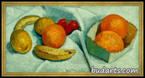 有橘子、香蕉、柠檬和西红柿的静物画