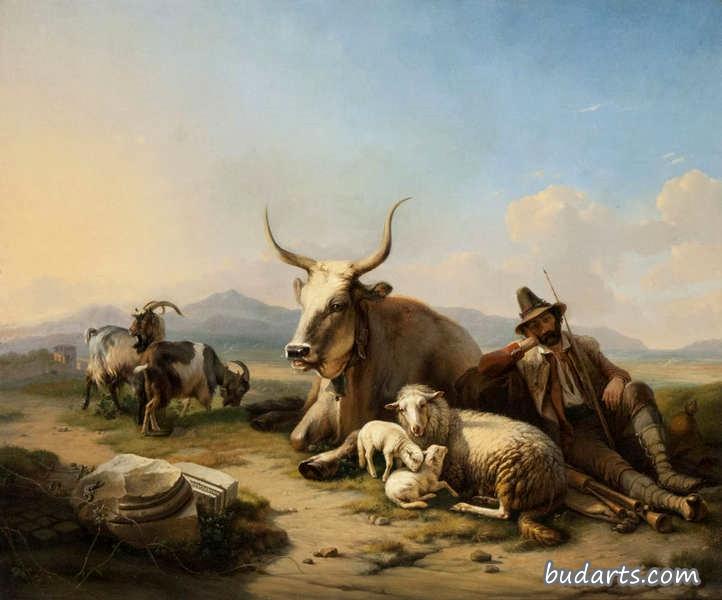 南部风景，有休息的牧羊人、公牛、绵羊和雄鹿