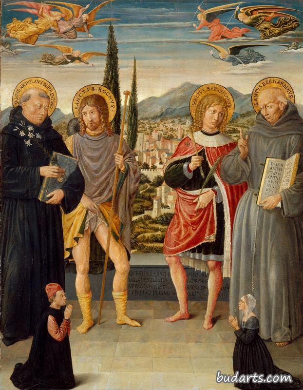 托伦蒂诺、罗奇、塞巴斯蒂安和锡耶纳贝纳迪诺的圣尼古拉斯，以及跪着的捐赠者