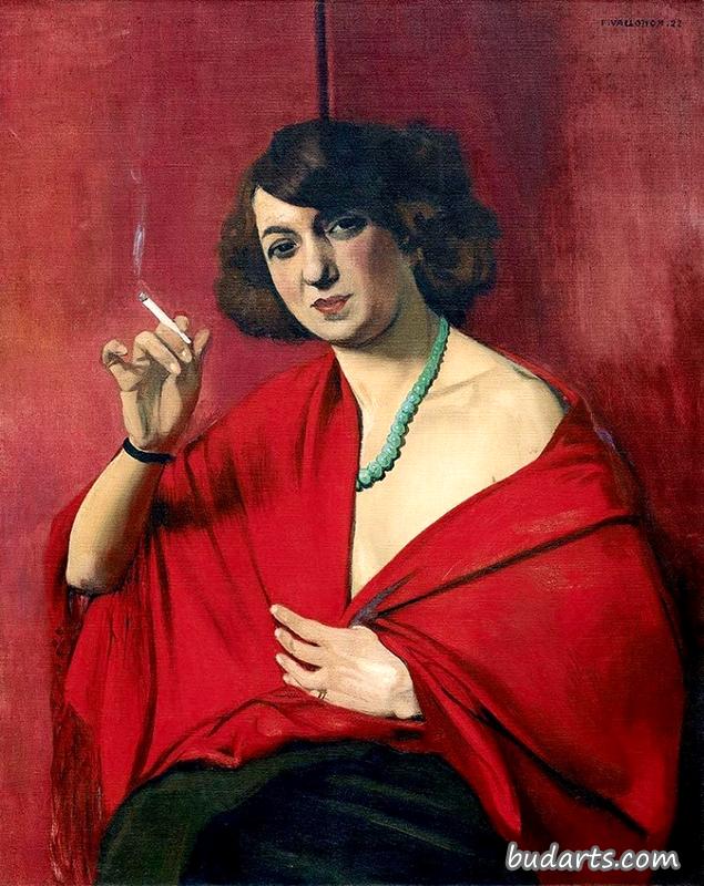 一个穿着红色衣服，手里拿着烟的女人