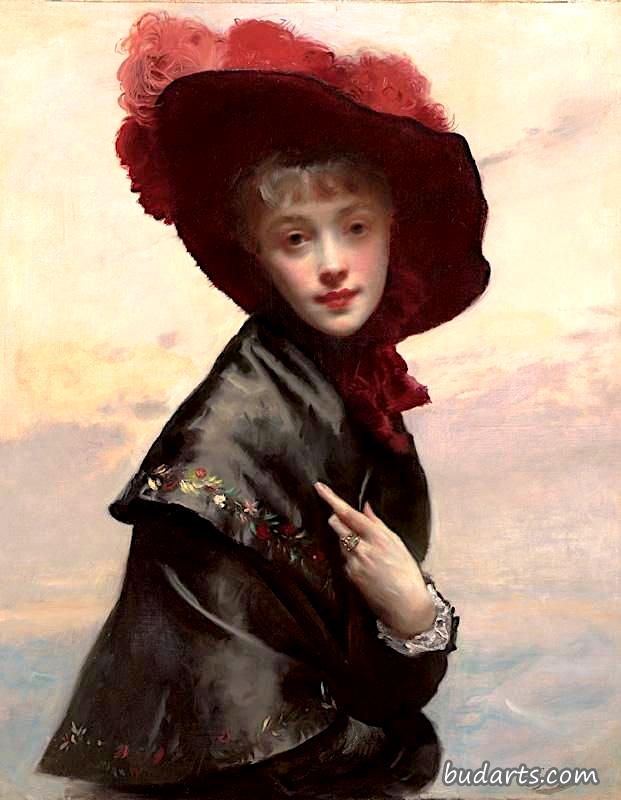 一个戴着红色羽毛黑帽子的年轻女子的画像