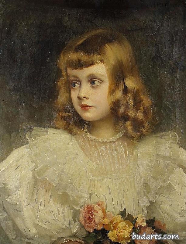 一个年轻女孩拿着一束粉红色和黄色玫瑰的画像