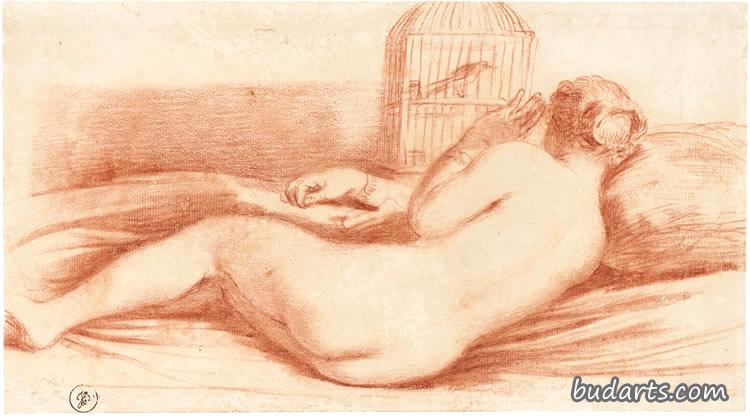婚姻的寓言：一个裸女躺在床上，和笼子里的一只鸟说话
