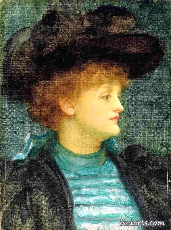 一位身穿绿松石色连衣裙、黑色外套和帽子的女士的肖像