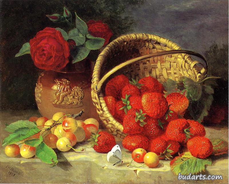 石壁上花瓶里的一篮草莓、樱桃、蝴蝶和红玫瑰