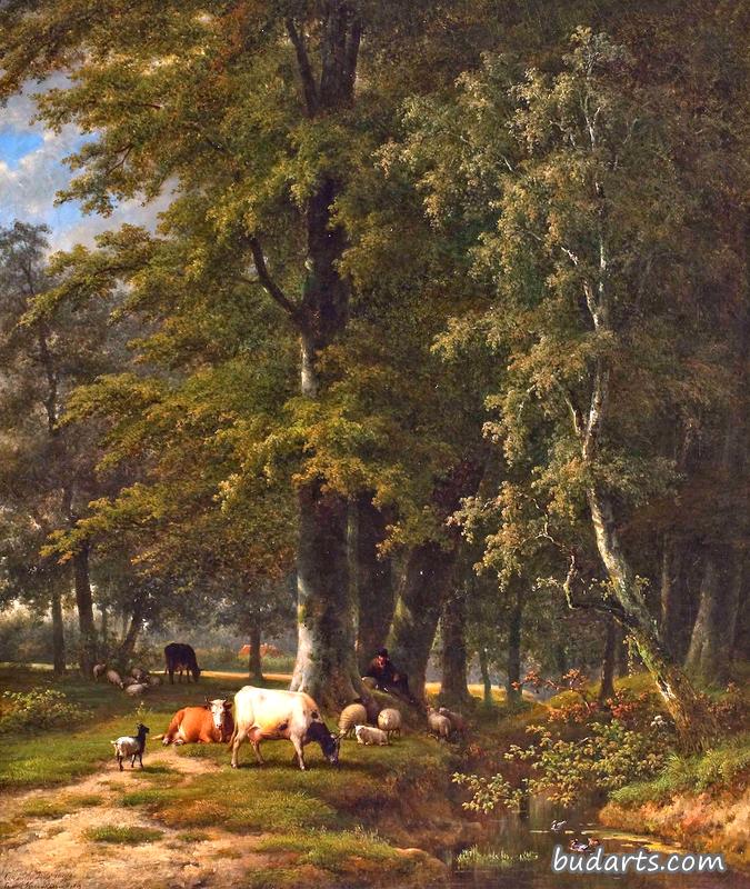 牧羊人和他的羊群在森林小溪边休息