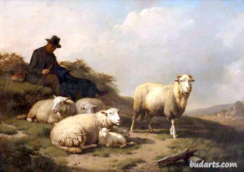 带着羊群休息的牧羊人