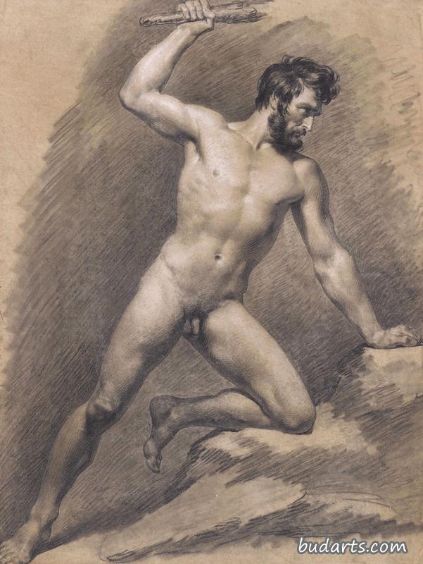一名裸体男子挥舞棍棒的习作