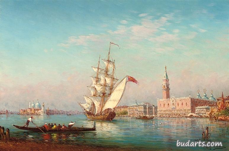 威尼斯总督府前的吊舱和商船