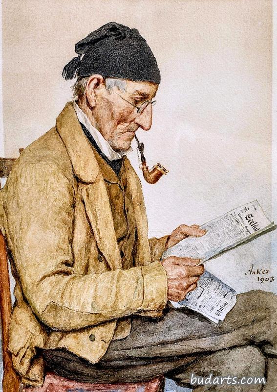 农民一边拿着烟斗一边读《Seeländer信使》