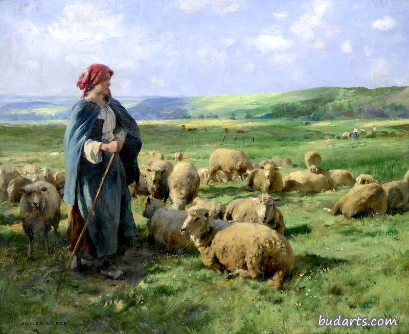 看护羊群的年轻牧羊女