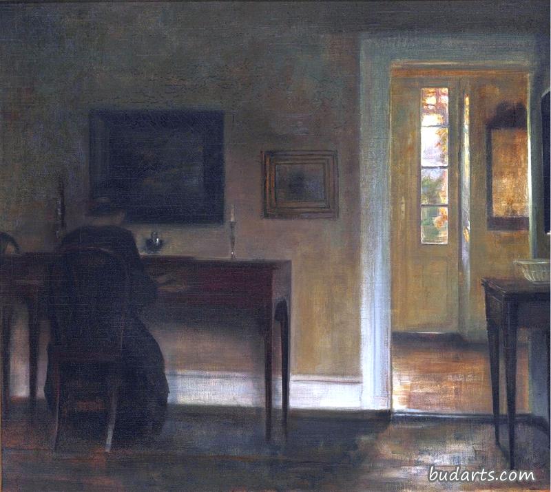 室内，画家的妻子坐在钢琴前