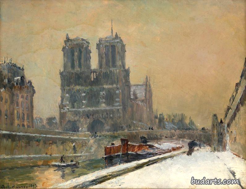 巴黎圣母院和塞纳河的小海湾，下雪的天气，从圣米歇尔码头看
