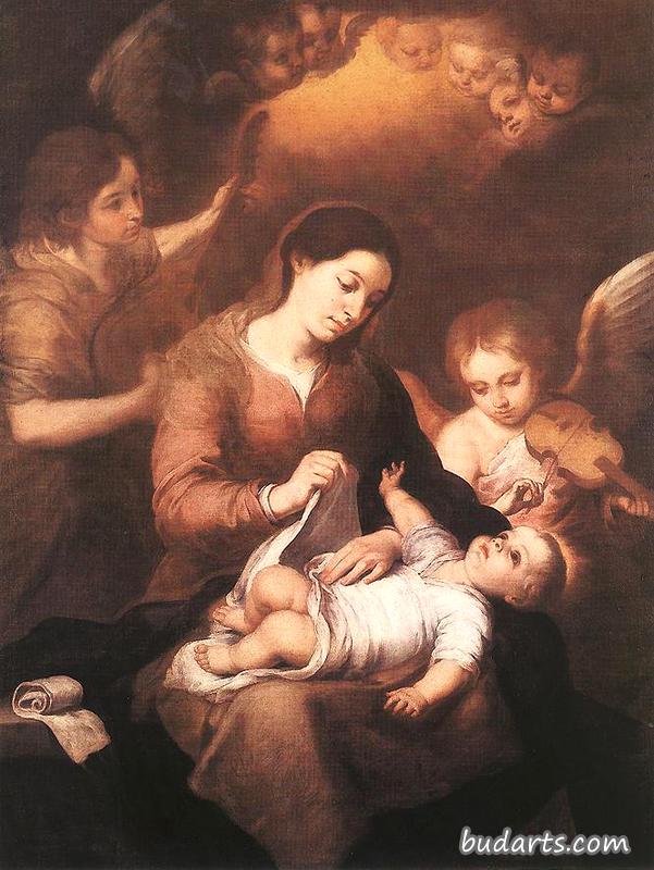 玛丽和孩子与天使演奏音乐