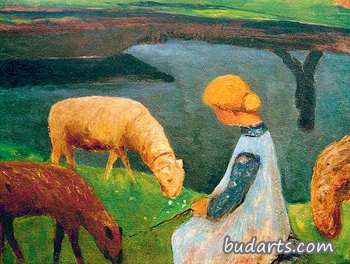 坐在池塘边放羊的女孩