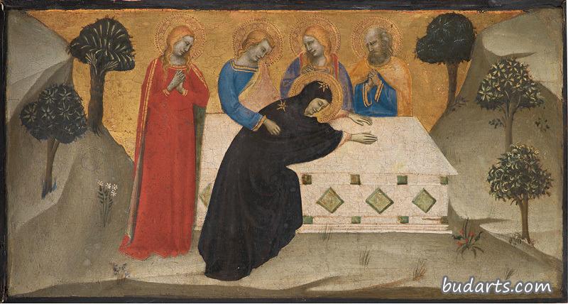 圣母玛利亚和三匹母马在基督石棺前