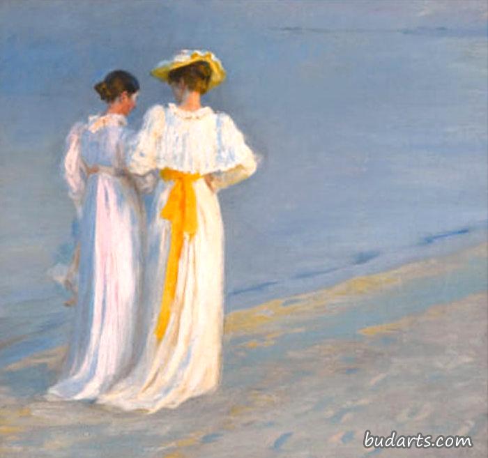 安娜安雪和玛丽克鲁耶在斯卡根的海滩上